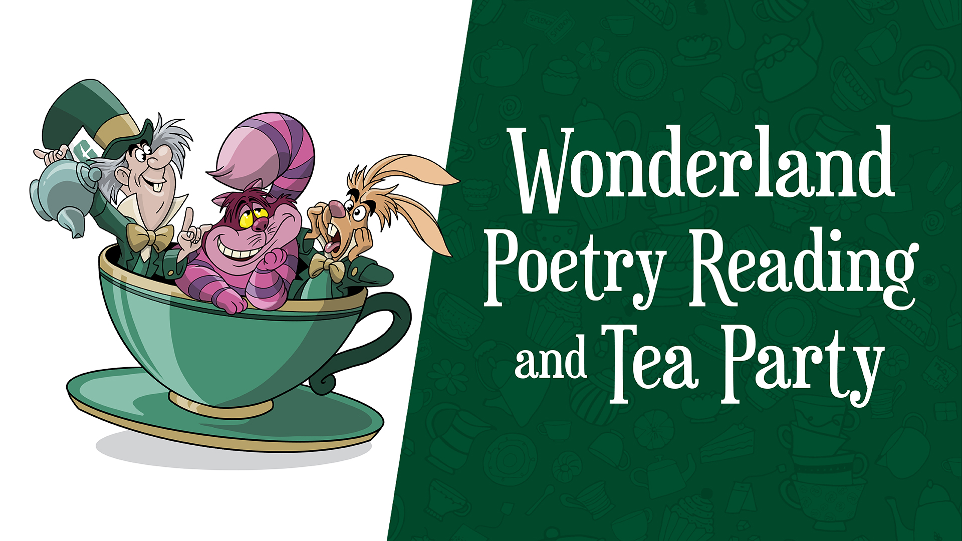 Image of characters in teacup from Alice in Wonderland movie and title of evet